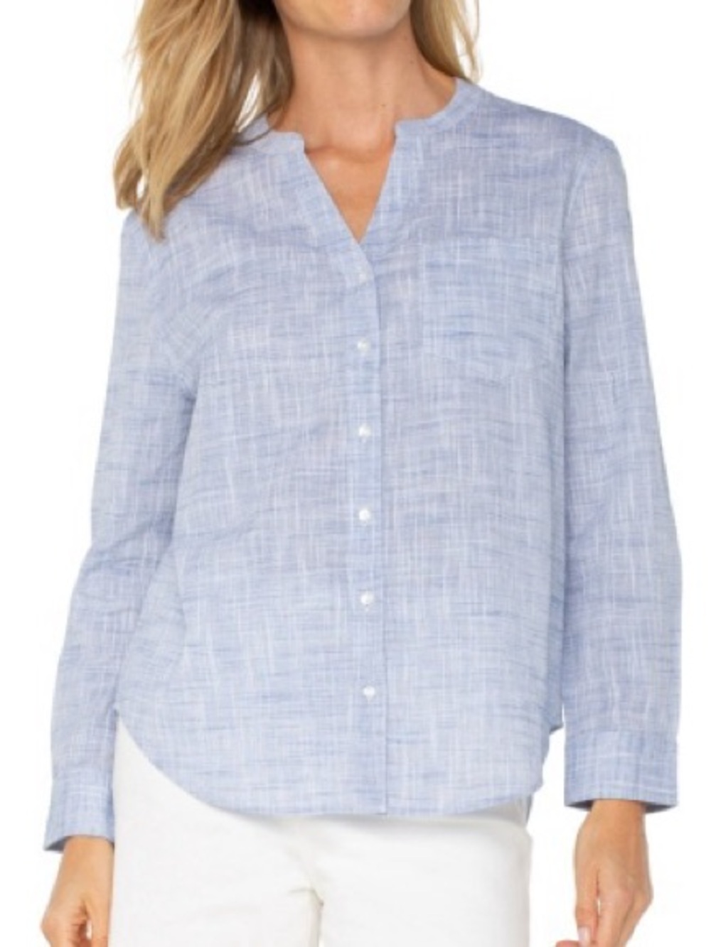 Liverpool Light Blue Button-Front Linen Blend Top
